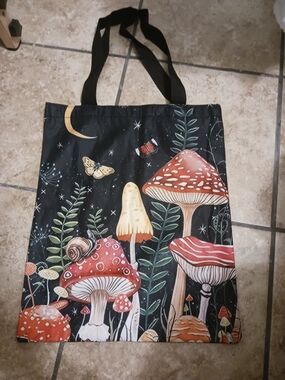Black Mushroom Print Tote Bag with Orange Accents